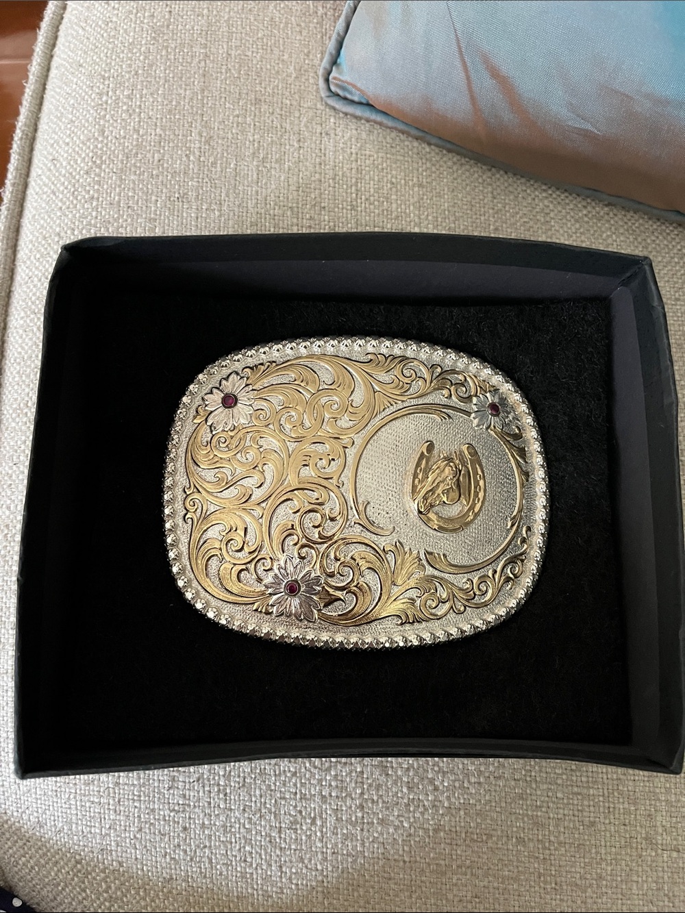 Engraved Western Horsehead Buckle gold & Silver Montana Silversmith & gems